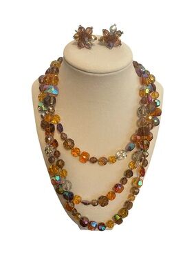 Amber Aurora Borealis Crystal Bead Multi Strand Necklace Earring Set Vintage